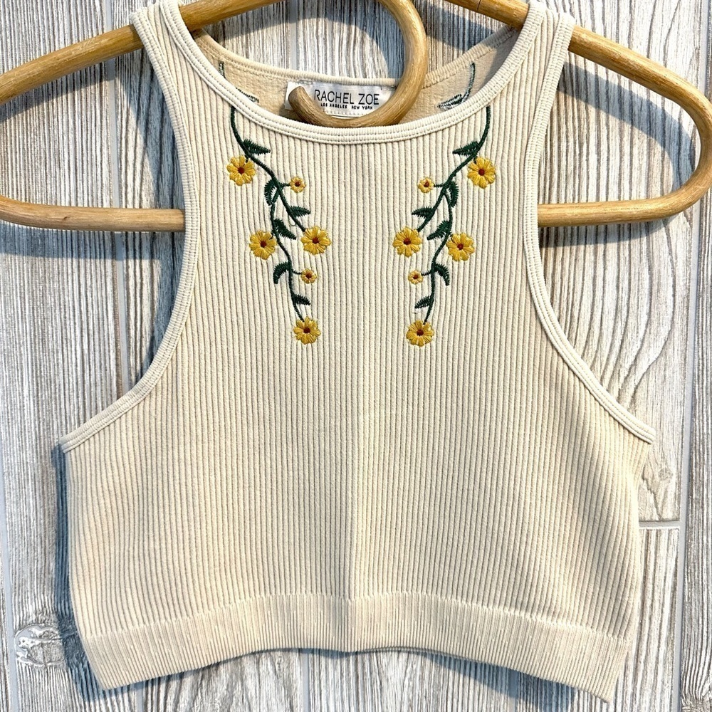 NEW! RACHEL ZOE FLORAL EMBROIDERED Stretch Crop Tank Womens XS Beige Neutral - Picture 2 of 10